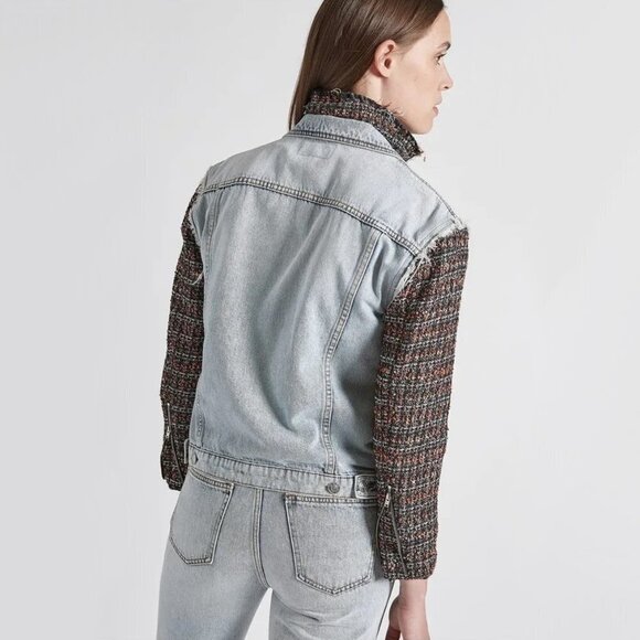 NWT Current / Elliott contrasting denim & tweed short light wash jean jacket - Picture 5 of 16